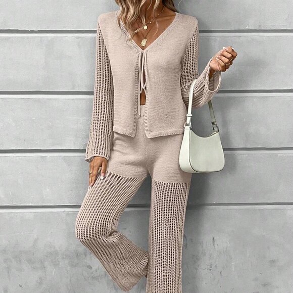 Apricot Casual Womens Solid Tie Front Cardigan & Knit Pants - Picture 1 of 5